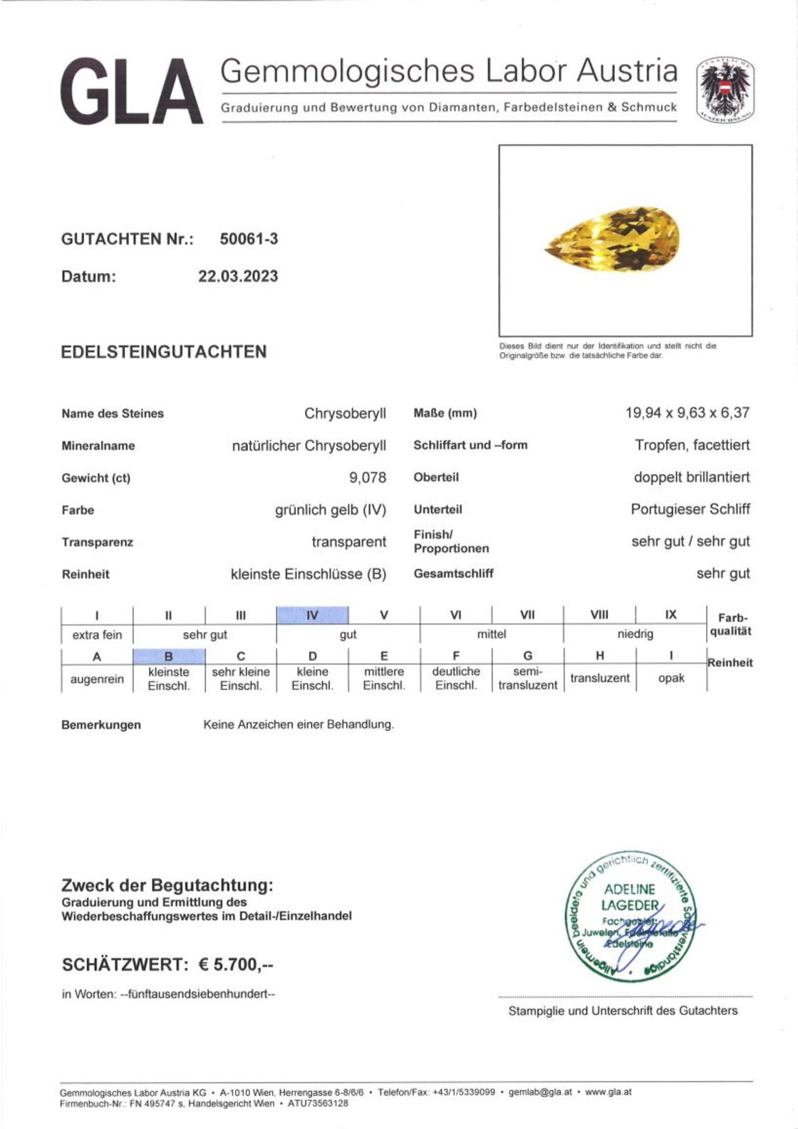 Gutachten zu Chrysoberyll Tropfen gelb 9,07 ct
