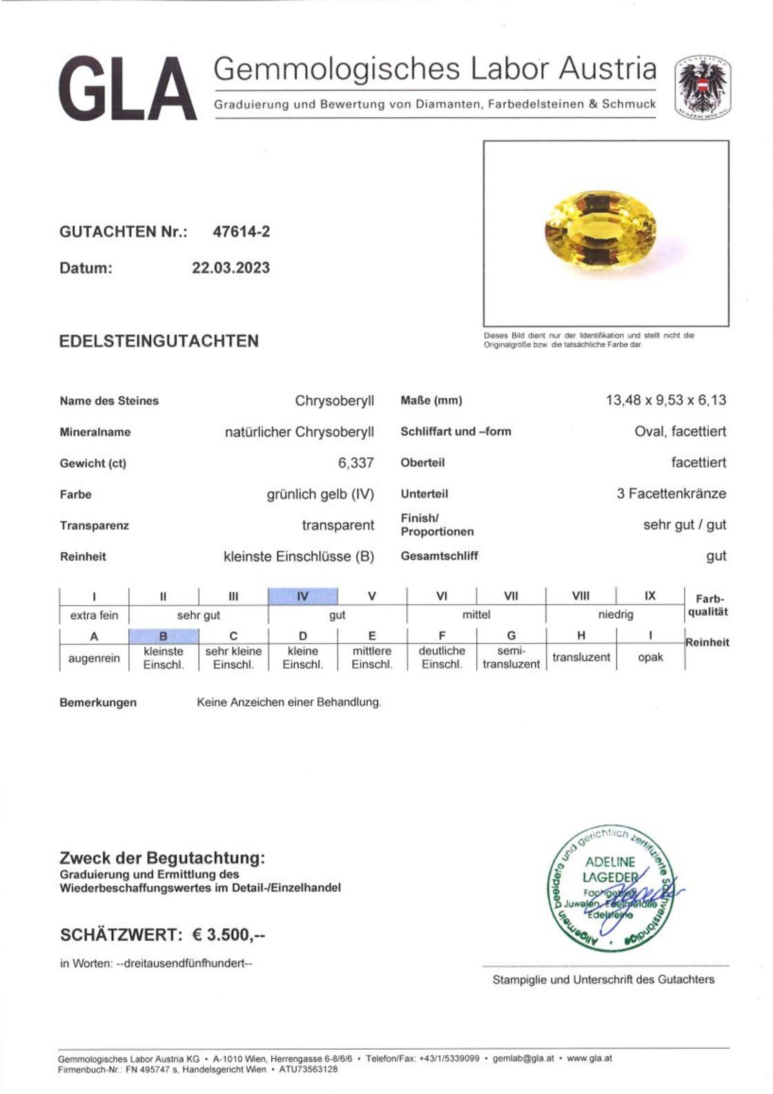 Chrysoberyll Ovalschliff gelb 6,337 ct