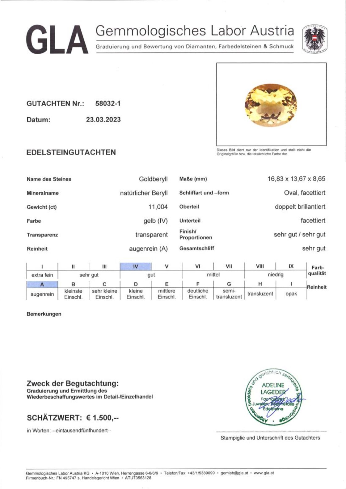 Goldberyll Ovalschliff gelb 11,004 ct