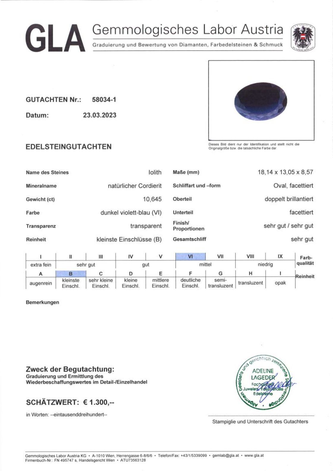 Gutachten zu Iolith oval dunkelblau unbehandelt 10,64 ct.