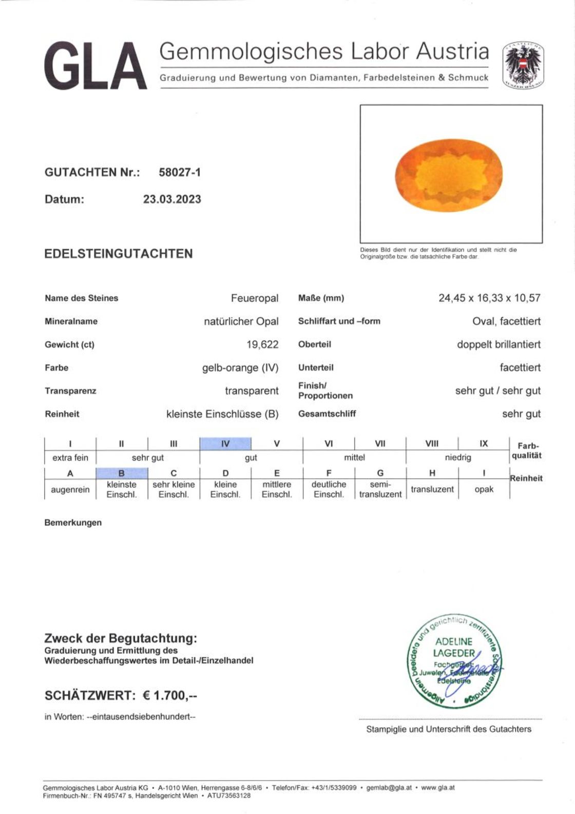 Feueropal Ovalschliff gelborange unbehandelt 19,622 ct