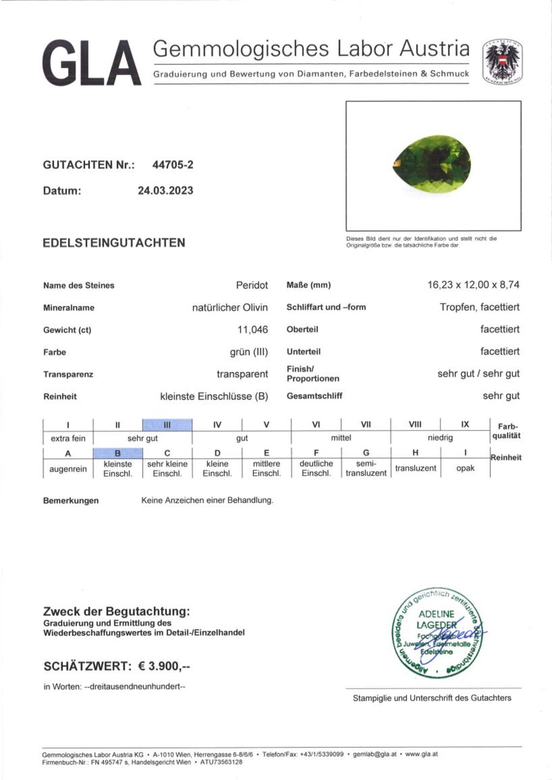 Gutachten zu Peridot Tropfen 11,04 ct