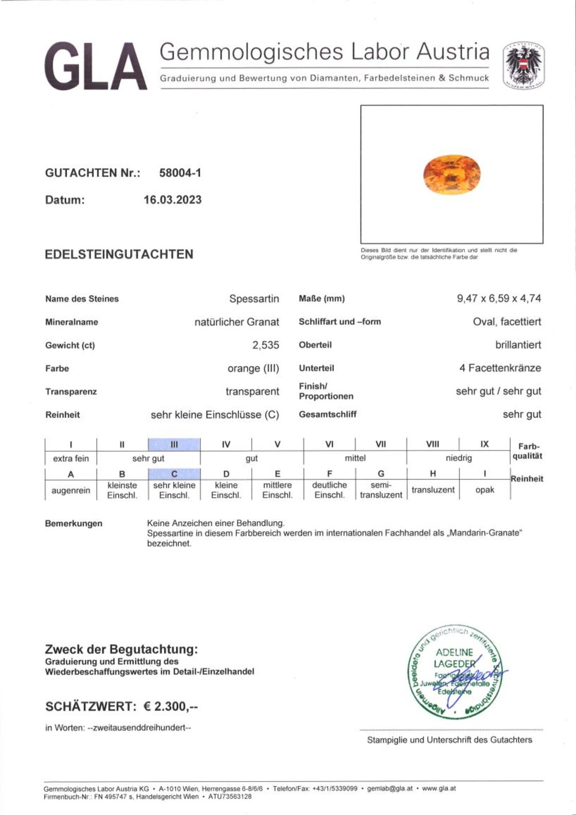 Mandarin-Granat Ovalschliff intensives Orange 2,535 ct