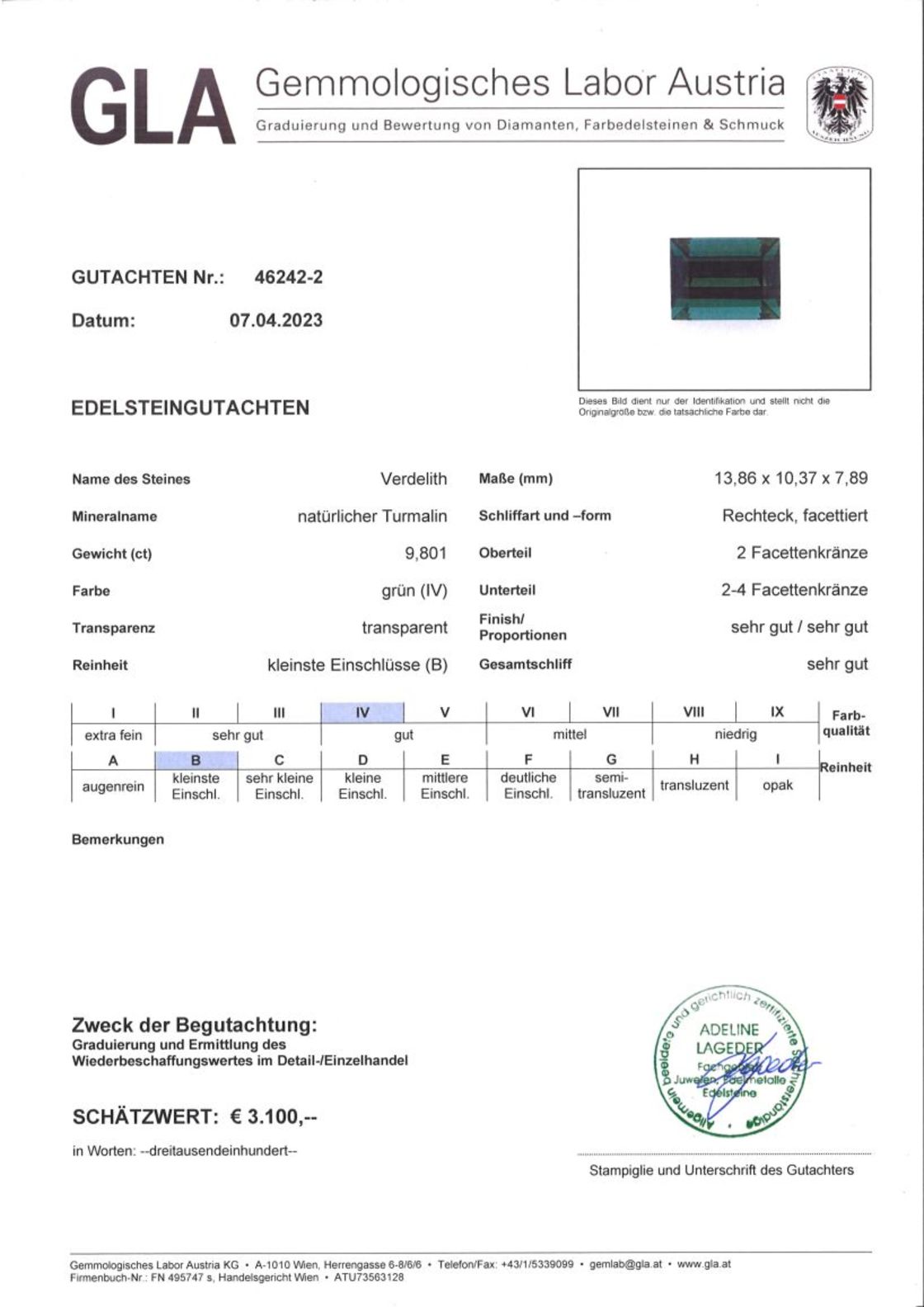 Grüner Turmalin Verdelith  Rechteckschliff 9,801 ct