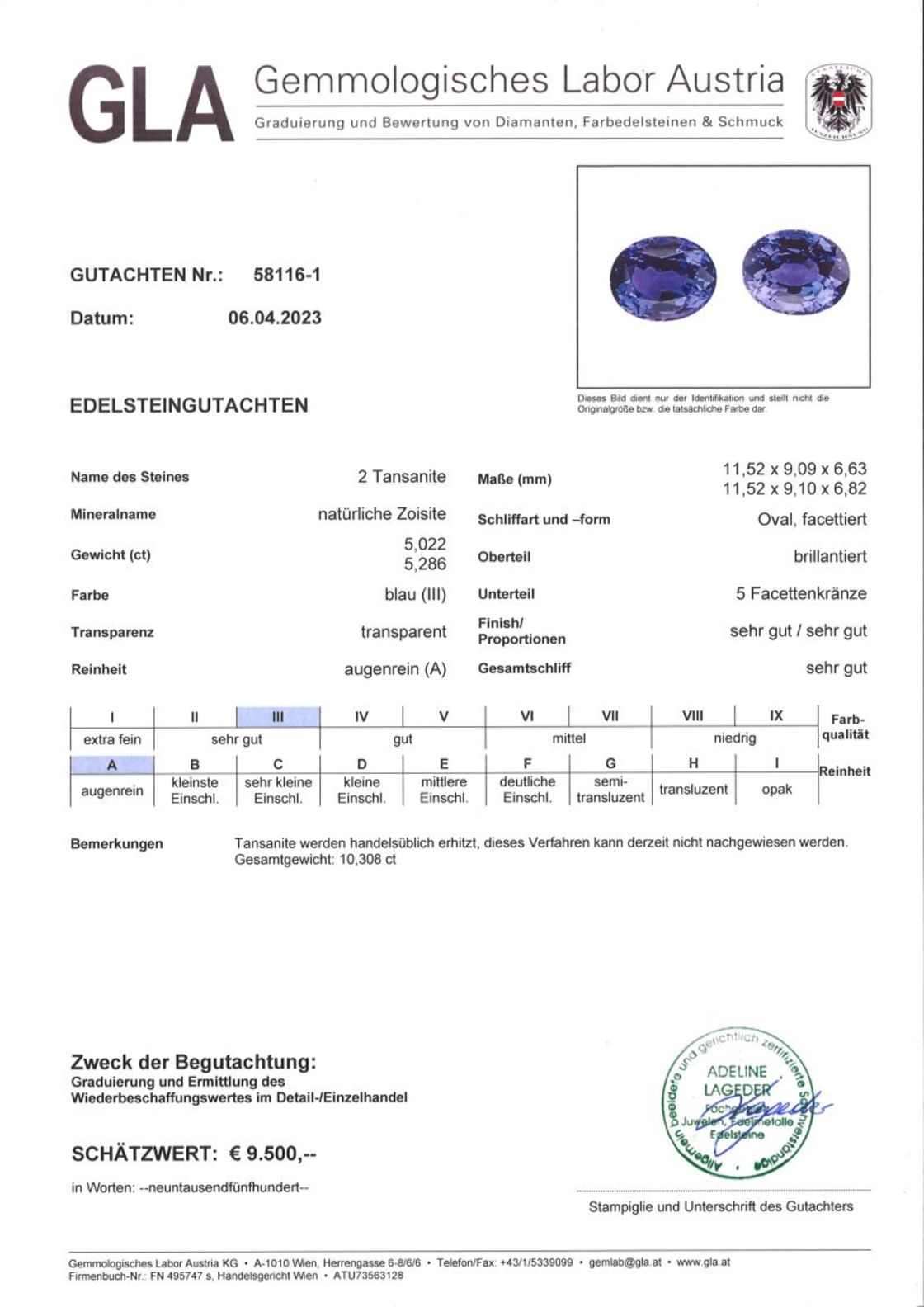 Tansanit Duo Ovalschliffe intensives Blau 10,308 ct