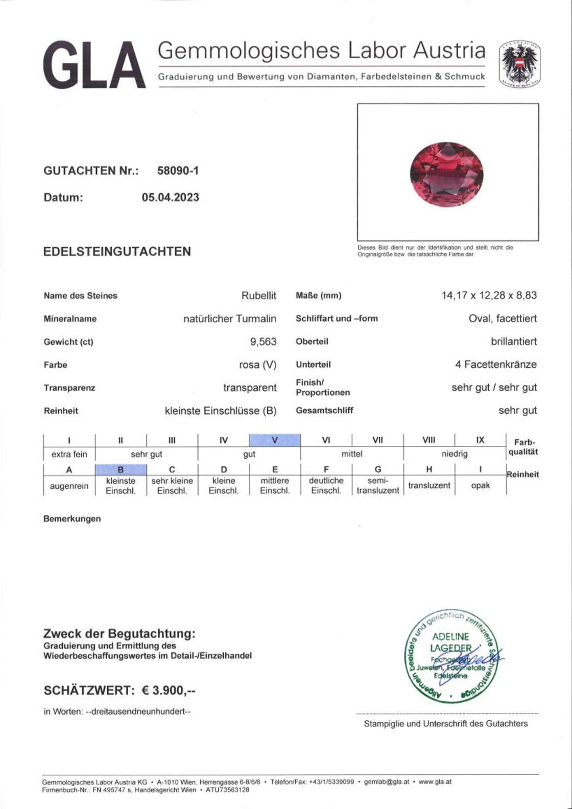 Gutachten zu Rubellit Turmalin oval rosarot 9,56 ct