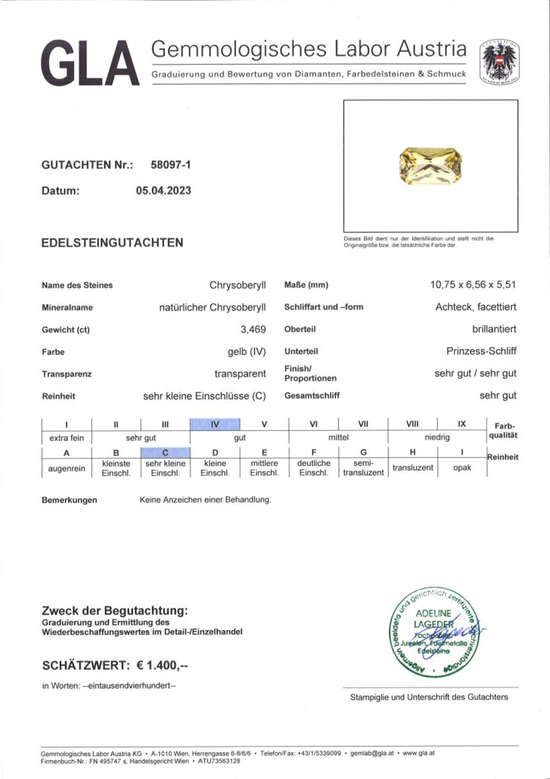 Gutachten zu Chrysoberyll octagon-princess gelb 3,46 ct.