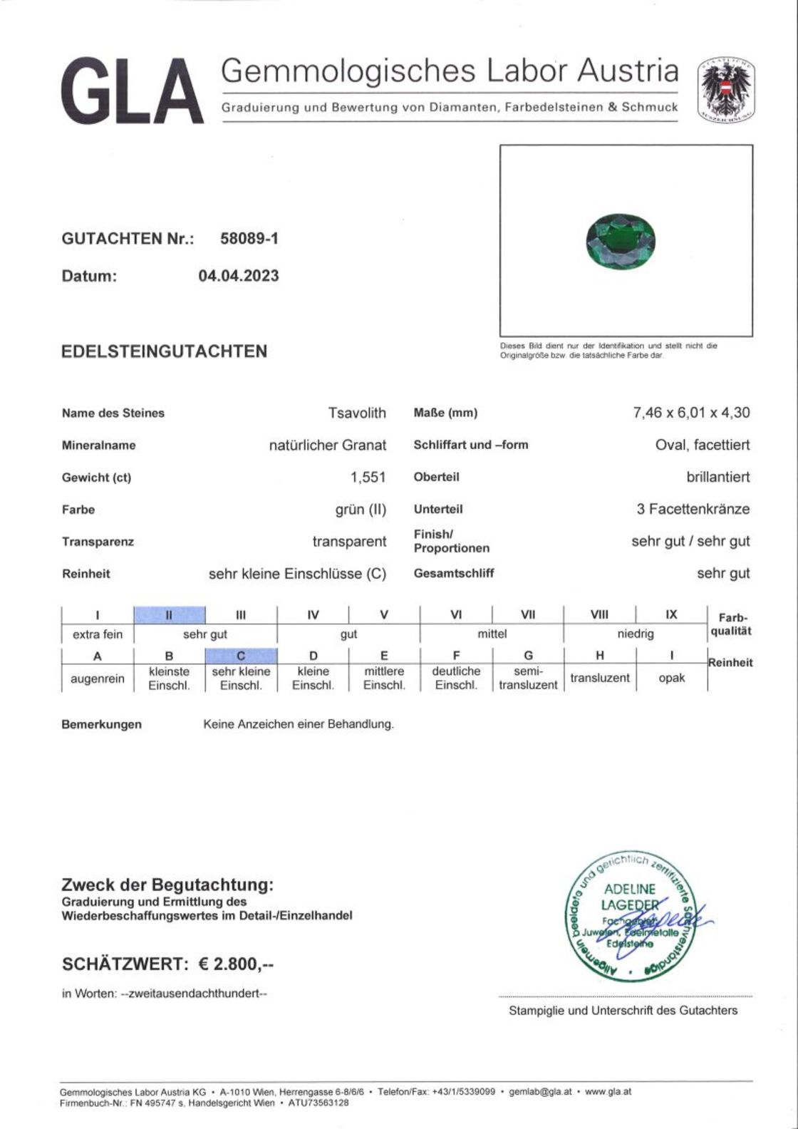 Tsavorit Granat Ovalschliff intensivgrün unbehandelt 1,551 ct