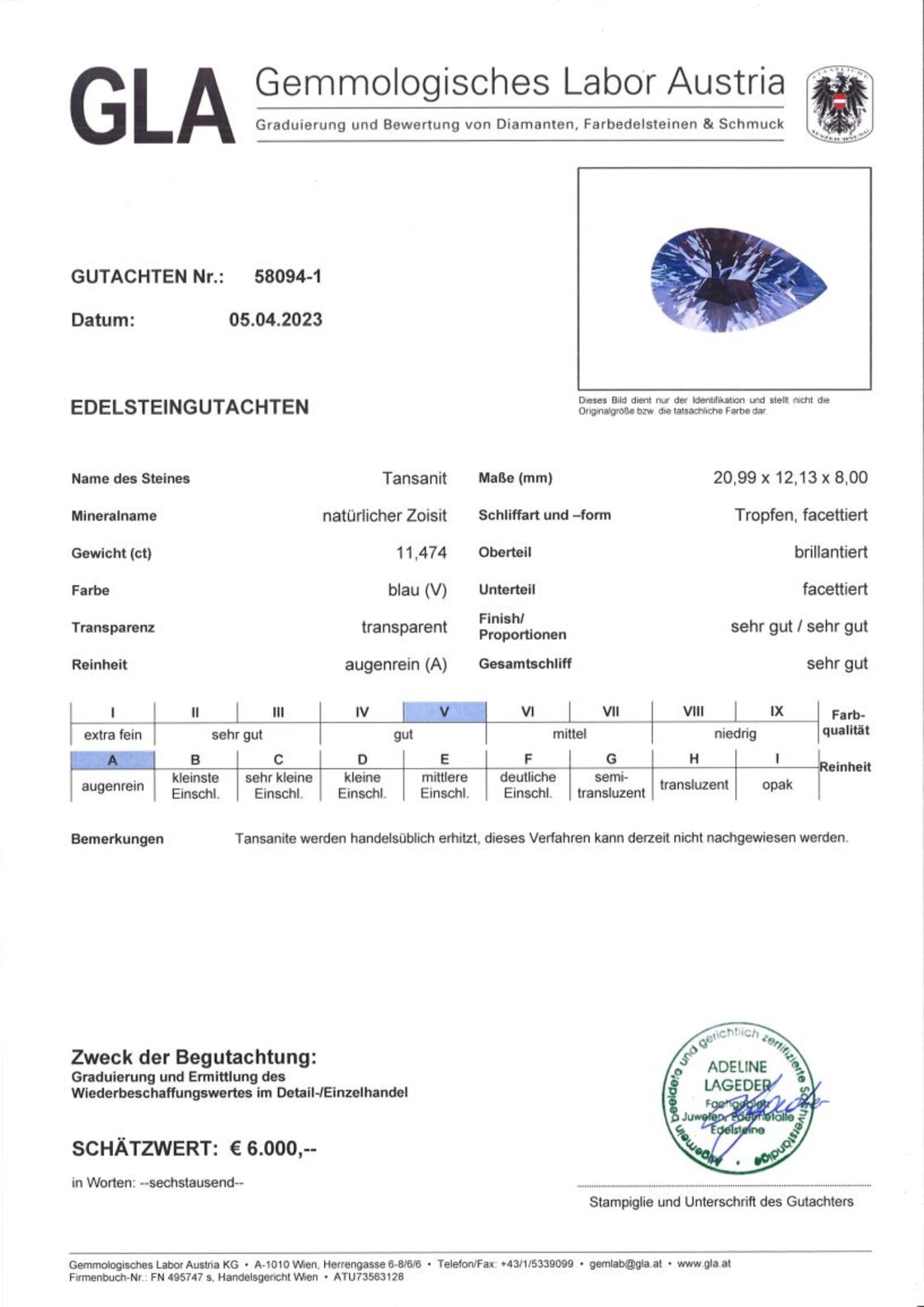 Tansanit Tropfenschliff blau 11,474 ct