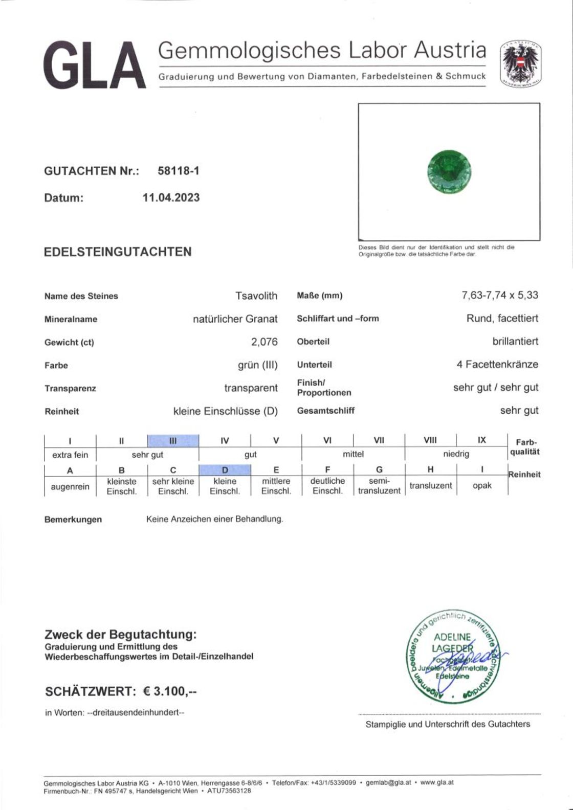 Grüner Granat Tsavorit Rundschliff 2,076 ct