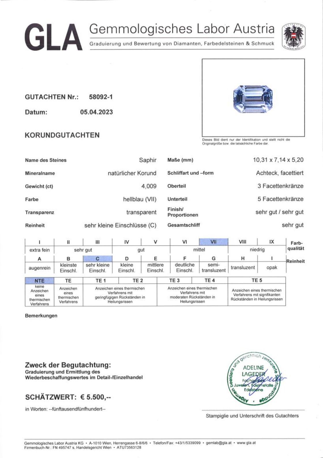 Unbehandelter Saphir Achteckschliff intensives Hellblau 4,009 ct