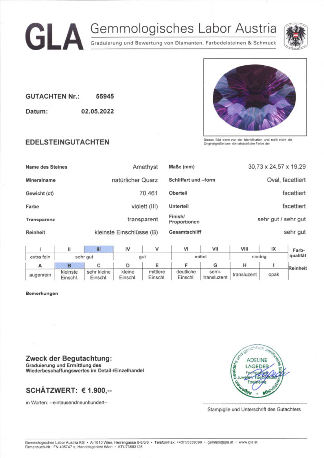 Amethyst Design-Ovalschliff intensives Violett 70,46 ct