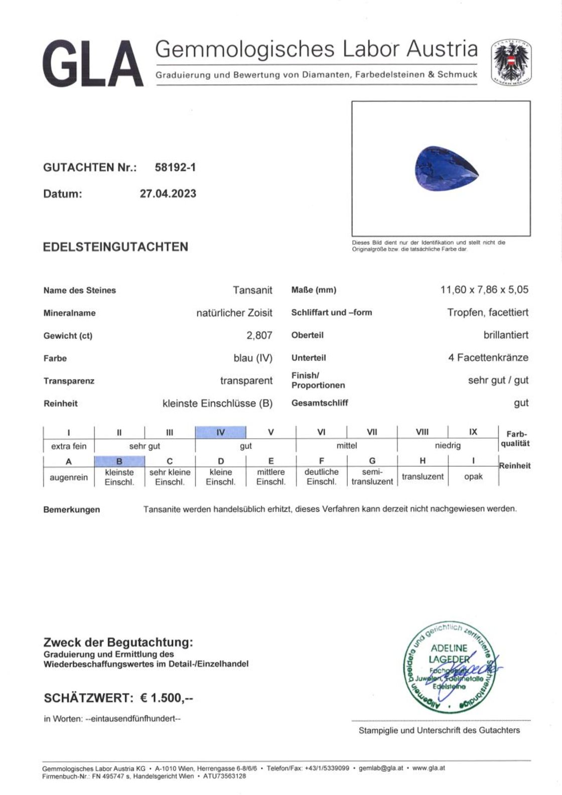Tansanit Tropfenschliff blau 2,807 ct