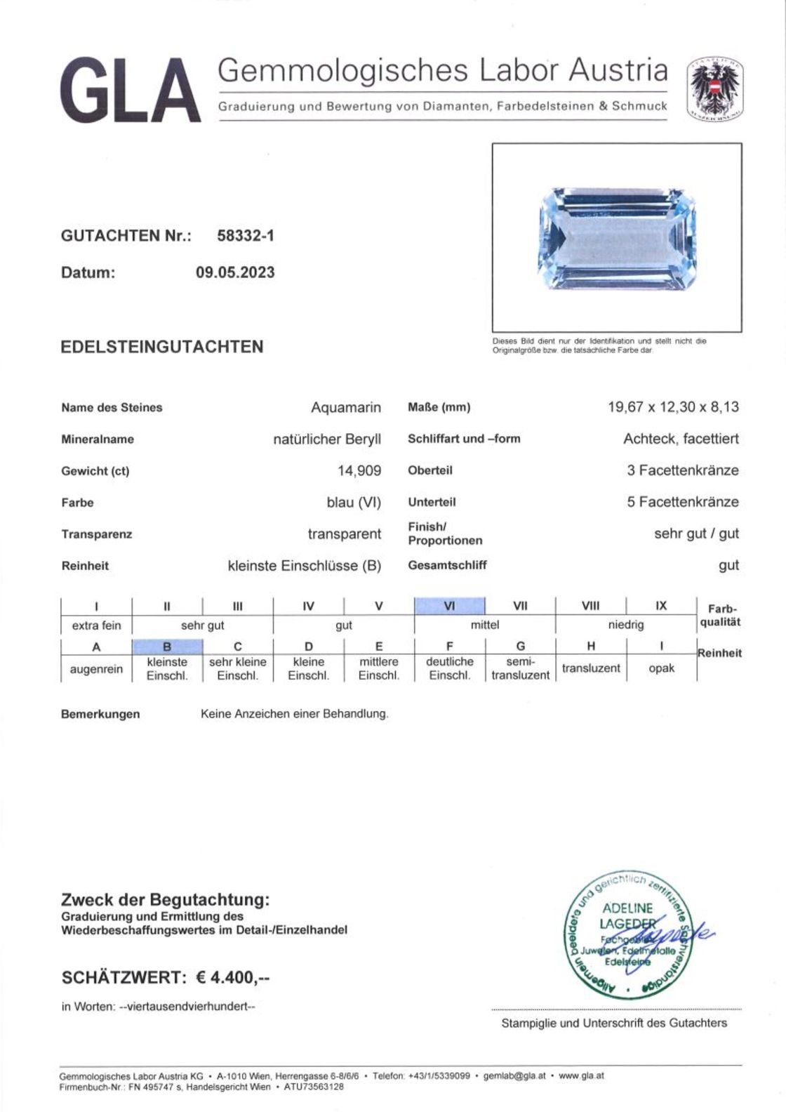 Unbehandelter Aquamarin Achteckschiff hellblau 14,909 ct