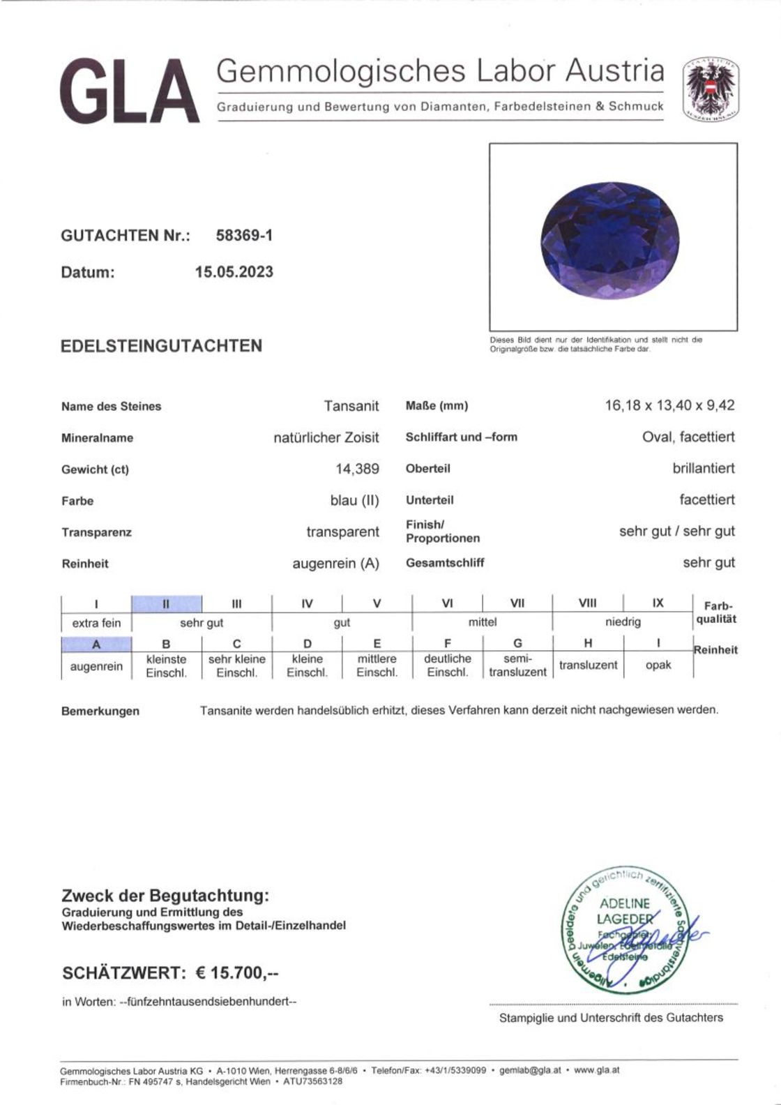 Tansanit Ovalschliff intensives Blau 14,389 ct