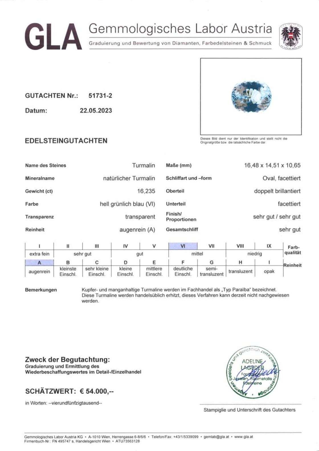 Paraiba-Turmalin oval grünlich hellblau 16,235 ct