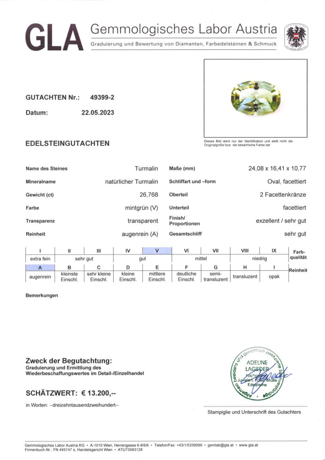 Mintgrüner Turmalin Design-Ovalschliff 26,768 ct