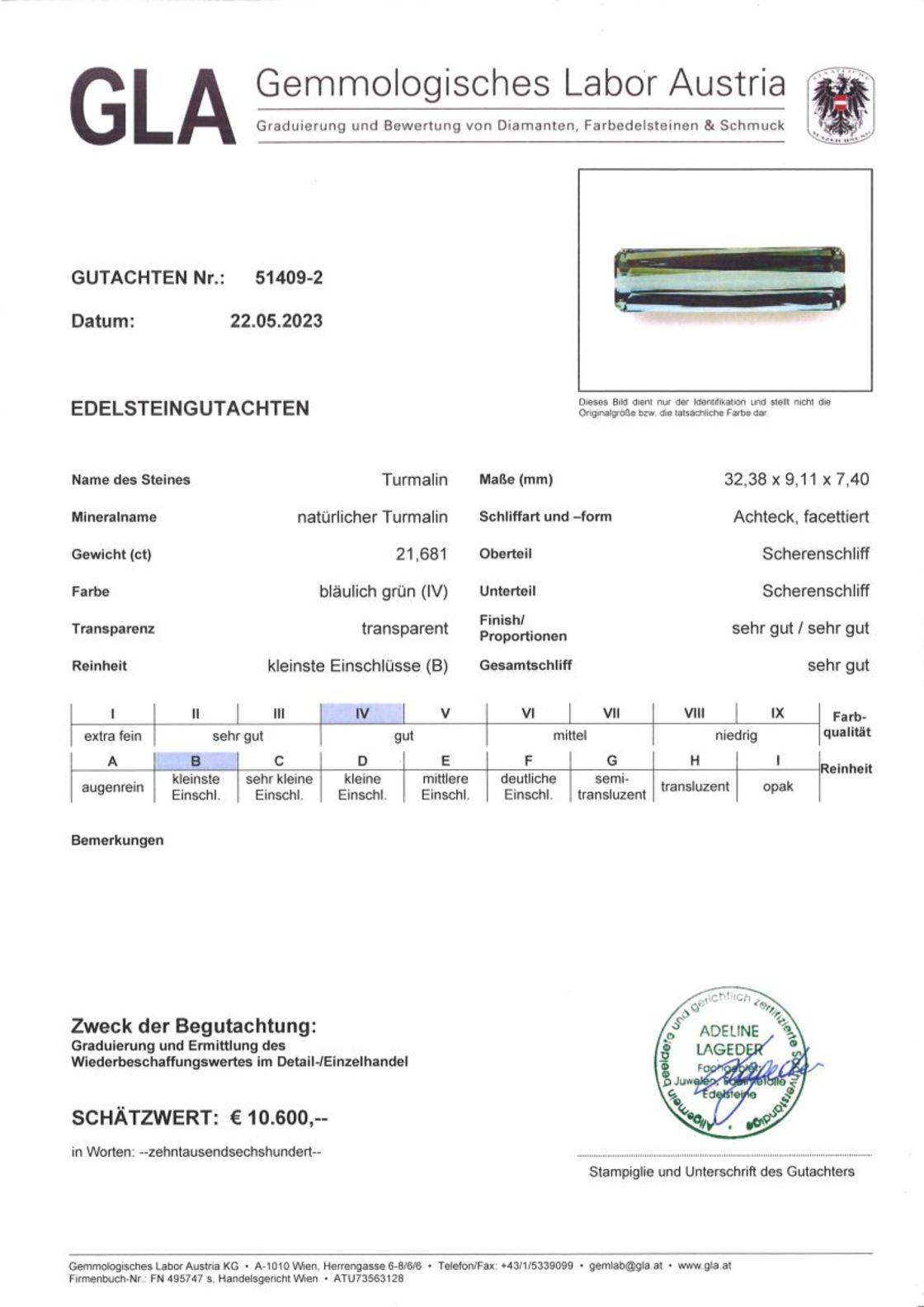 Turmalin Achteckschliff bläulich grün 21,681 ct