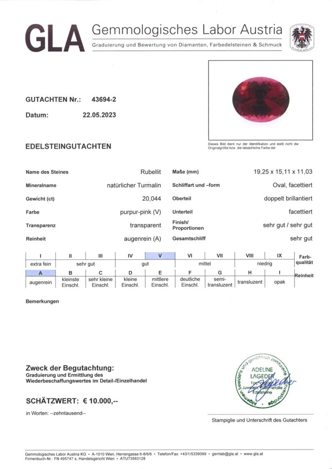 Gutachten zu Rubellit Turmalin oval purpurrot 20,04 ct
