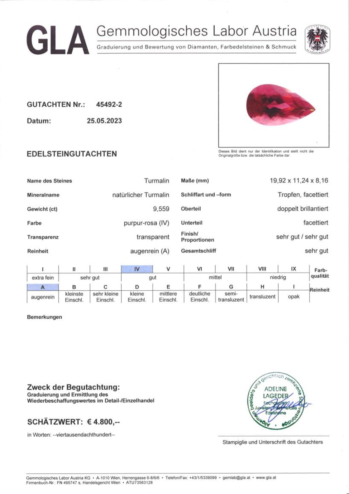 Turmalin Tropfenschliff purpur-rosa 9,559 ct.