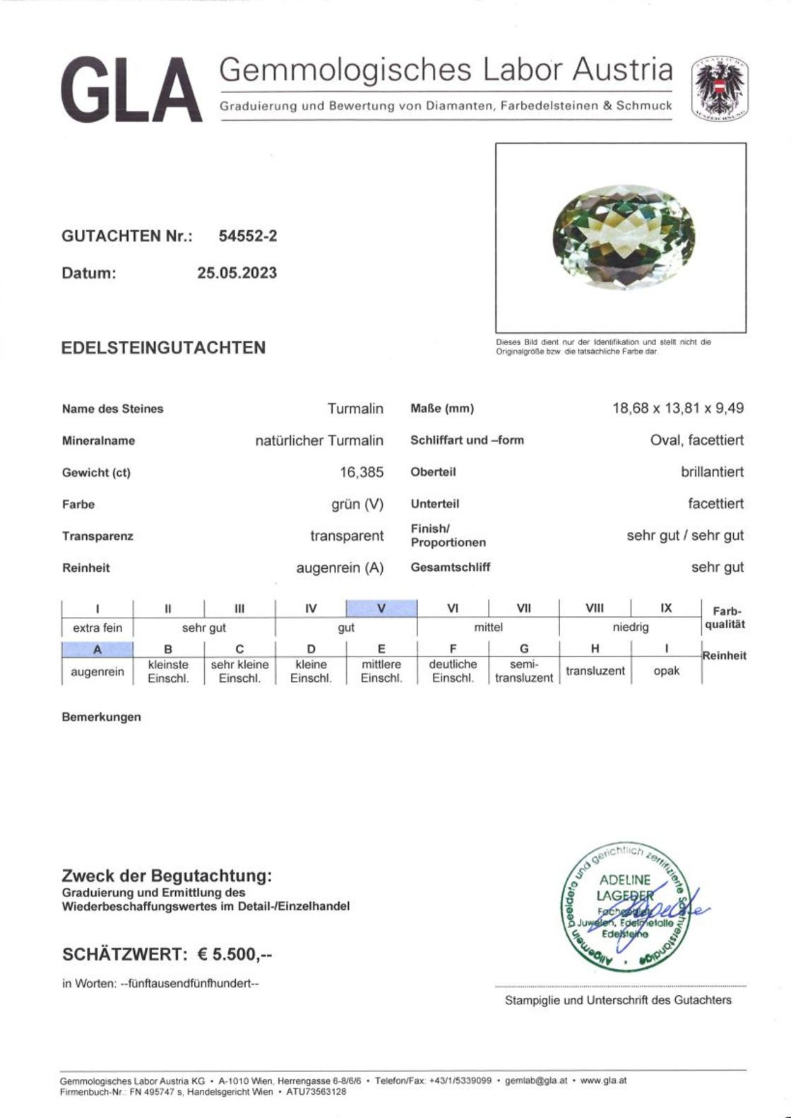 Turmalin Ovalschliff bläulich hellgrün 16,385 ct.