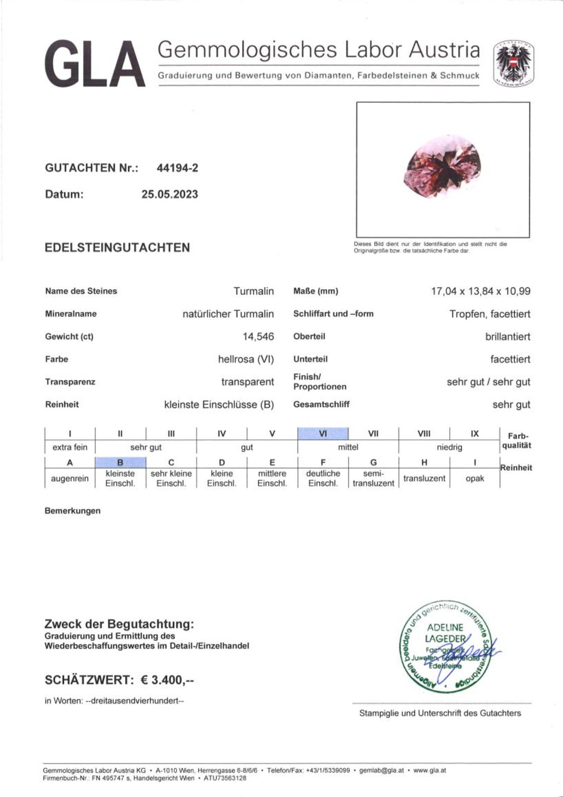 Turmalin Tropfenschliff hellrosa 14,546 ct