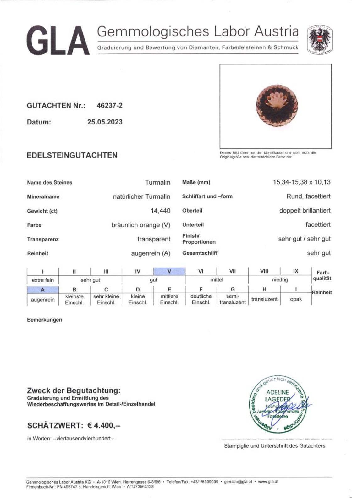 Turmalin Rundschliff orangebraun 14,440 ct