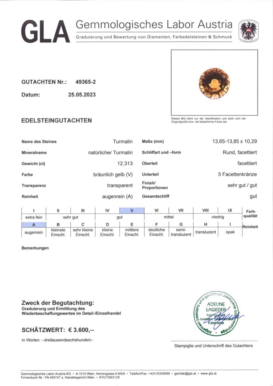 Turmalin Rundschliff bräunlich-gelb 12,313 ct.