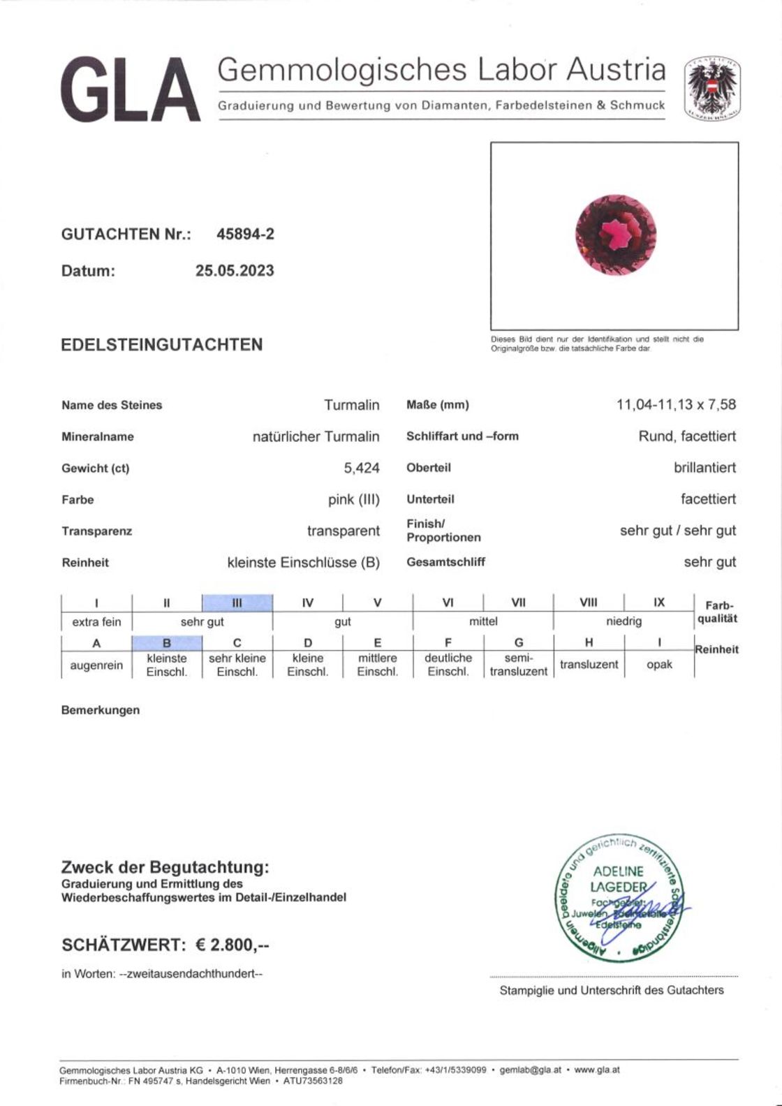 Gutachten zu Tourmaline round vivid pink 5.42 ct