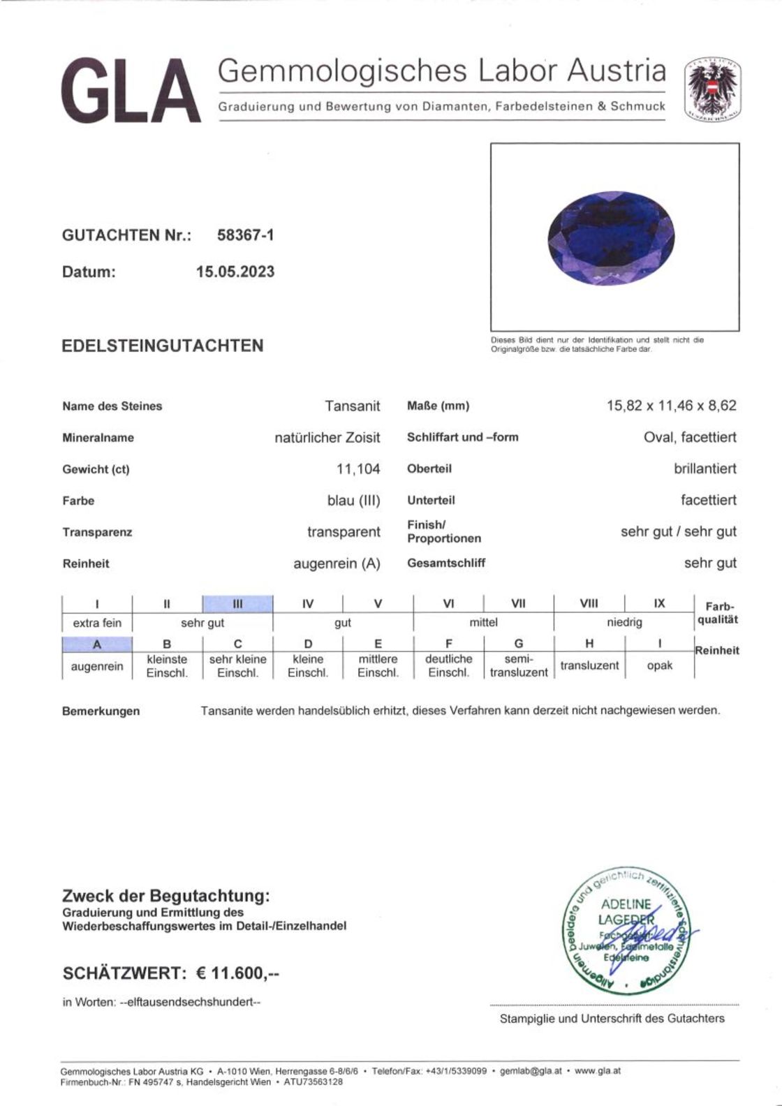 Tansanit Ovalschliff intensives Blau 11,104 ct