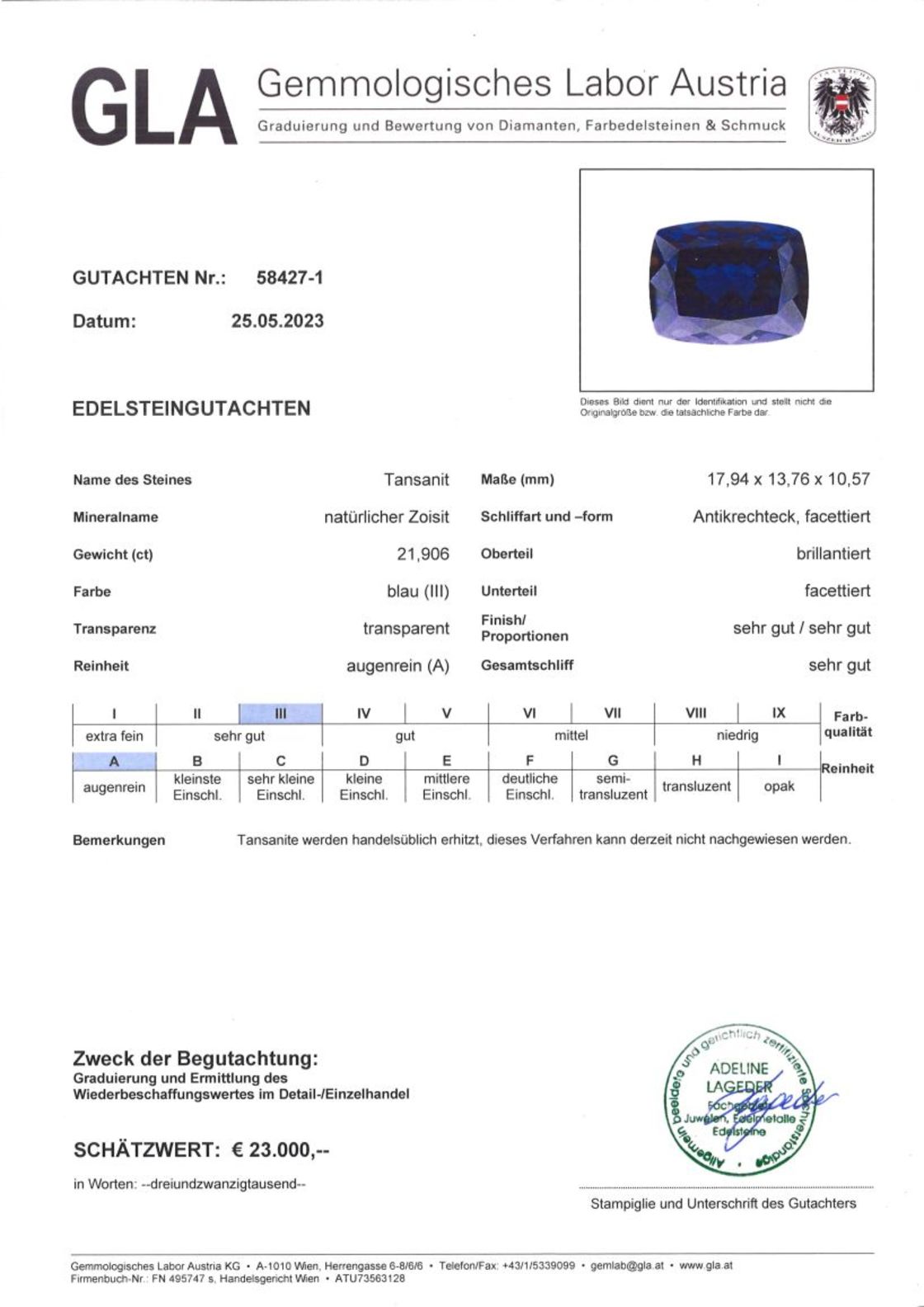 Tansanit Antikschliff intensives Blau 21,906 ct