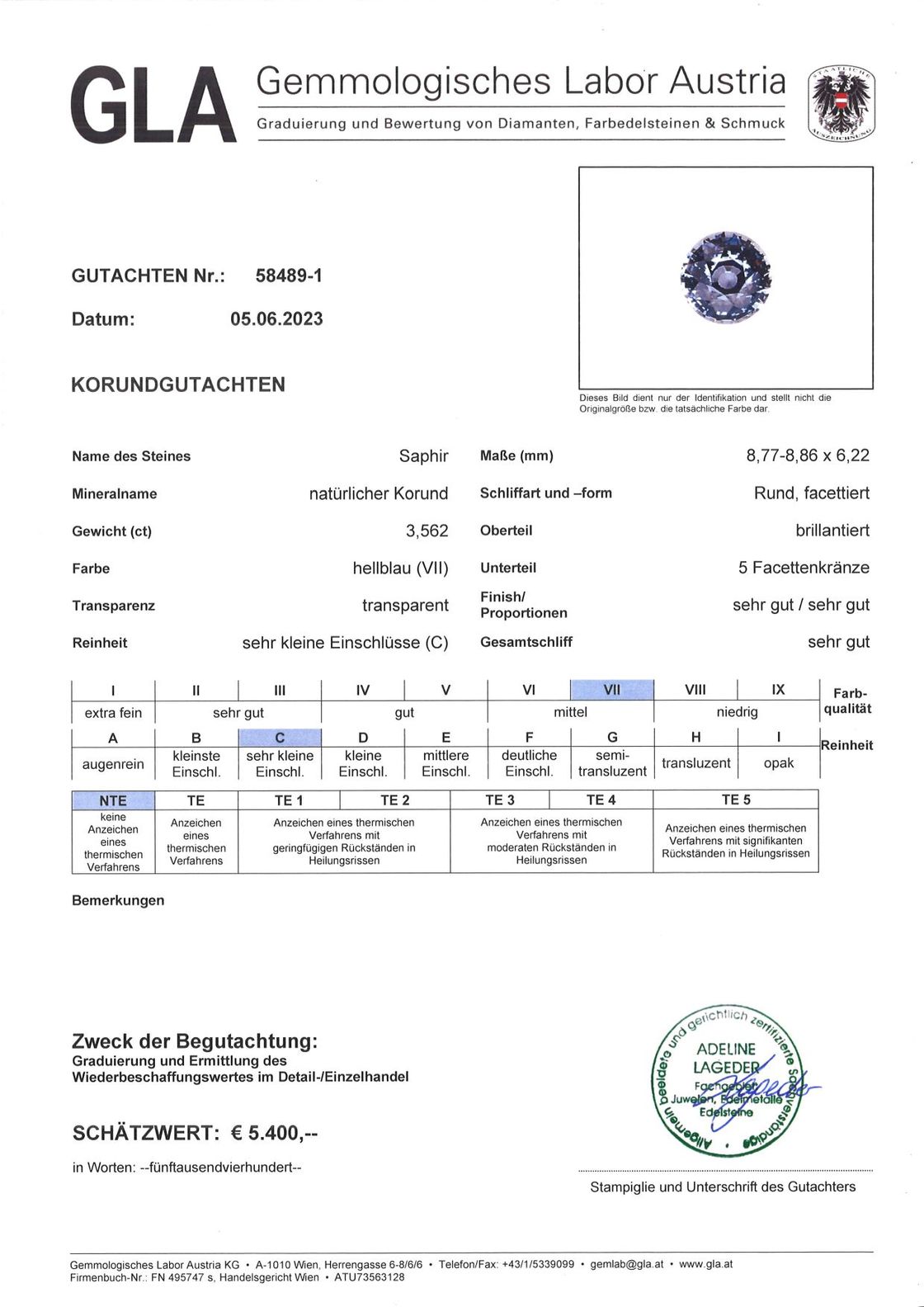 Unbehandelter Saphir Rundschliff hellblau 3,562 ct