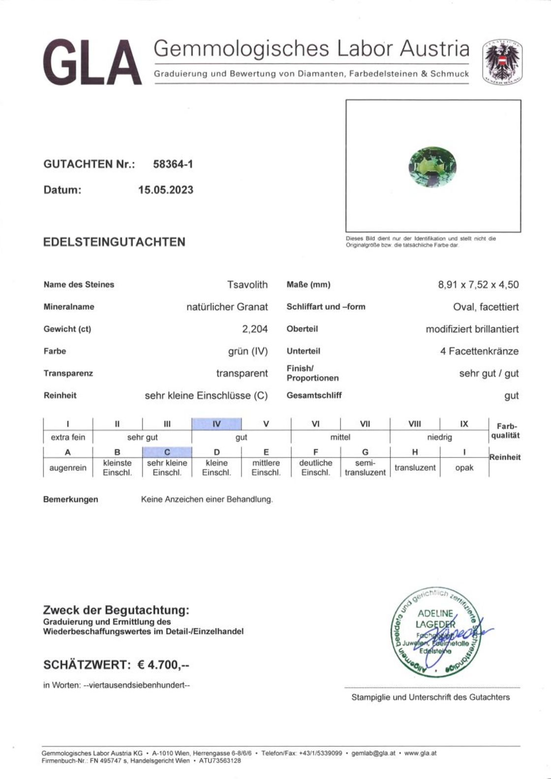 Tsavorit Granat Ovalschliff grün unbehandelt 2,204 ct