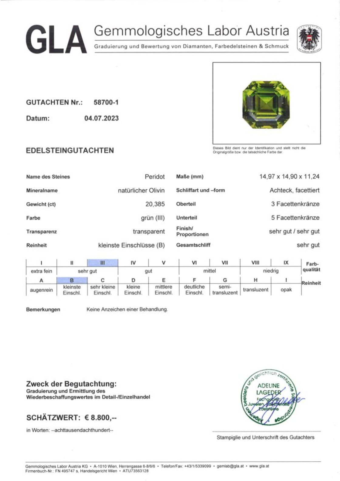 Peridot Achteckschliff intensives Grün unbehandelt 20,385 ct