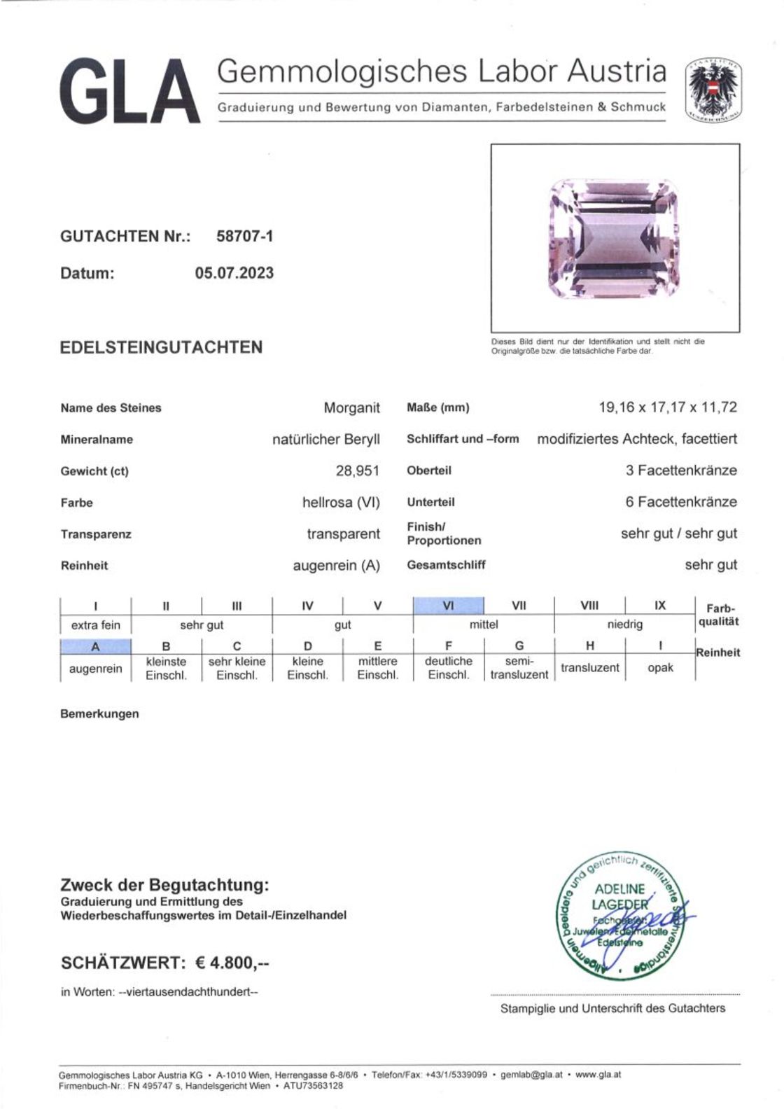 Gutachten zu Morganite octagon-modifiziert light pink 28.95 ct