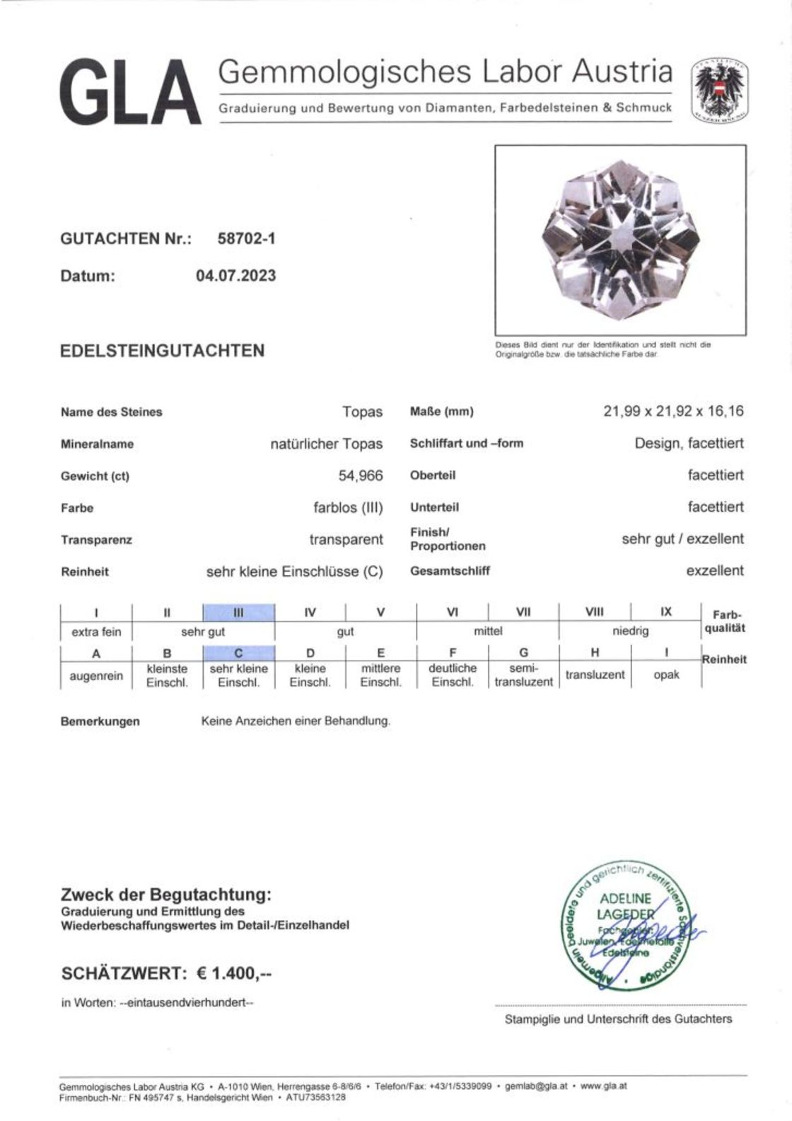 Gutachten zu Topas design-octagon farblos 54,96 ct