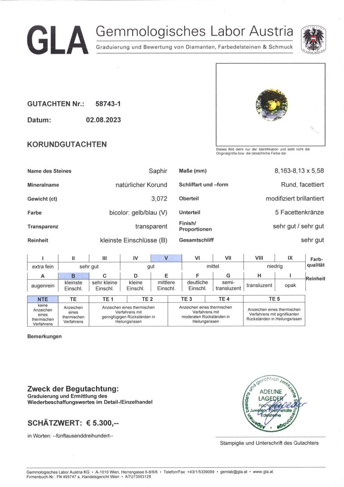 Unbehandelter Saphir Rundschliff bicolor 3,072 ct