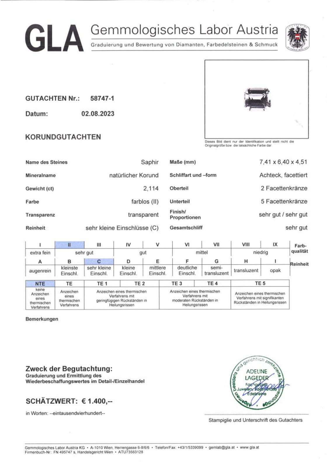 Unbehandelter Saphir Achteckschliff farblos 2,114 ct