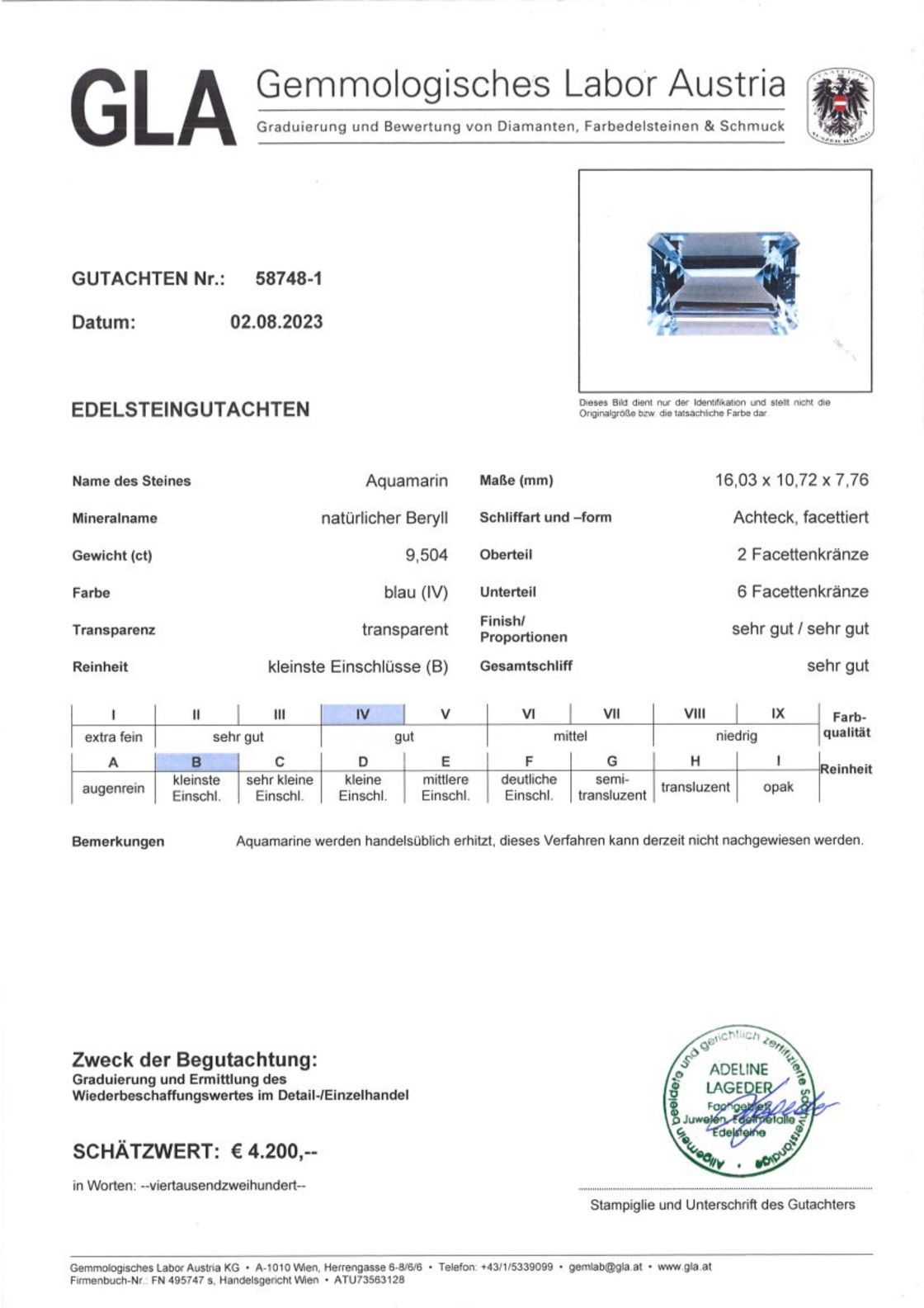 Aquamarin Achteckschliff hellblau 9,504 ct