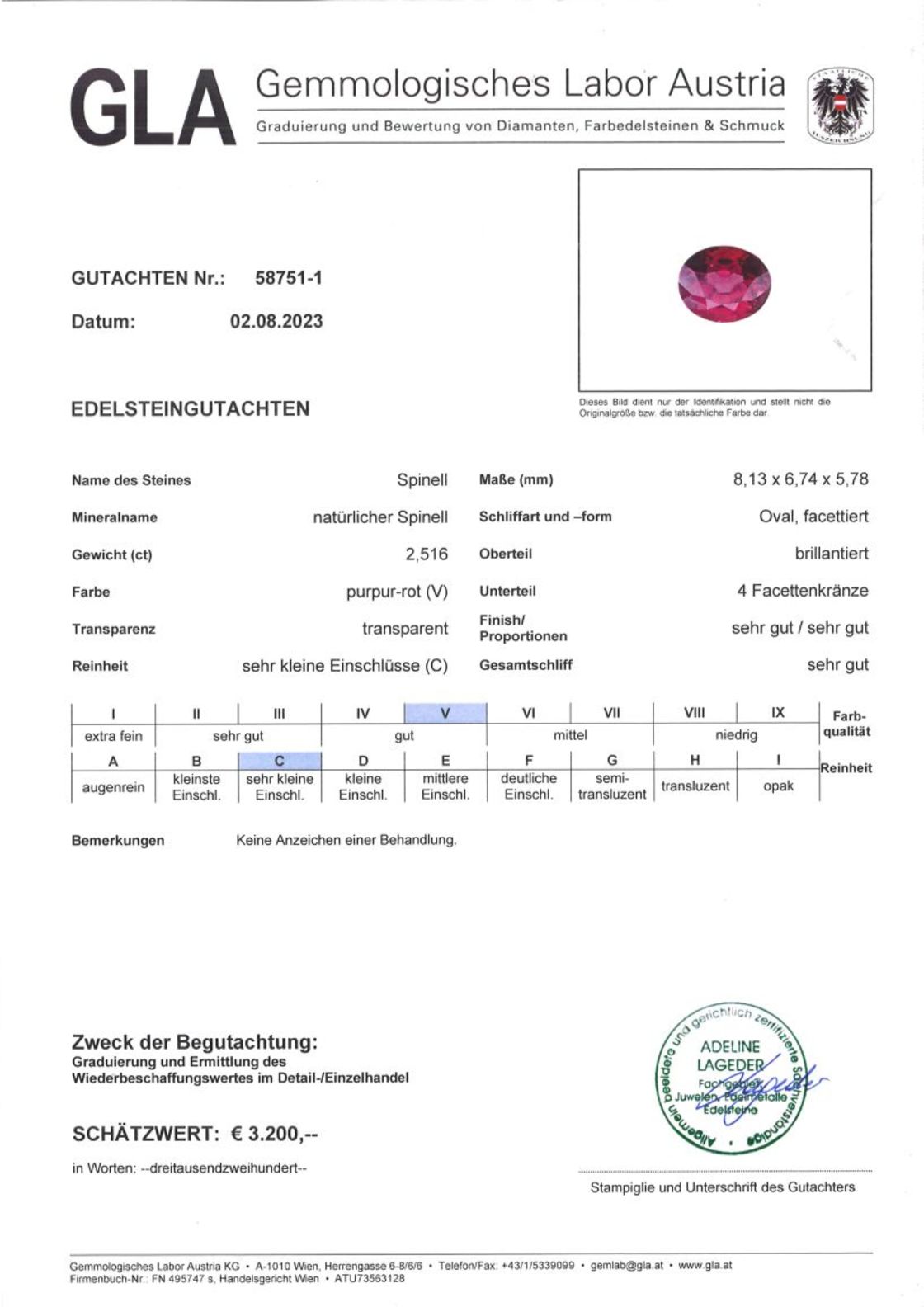 Gutachten zu Spinell oval purpurrot 2,51 ct