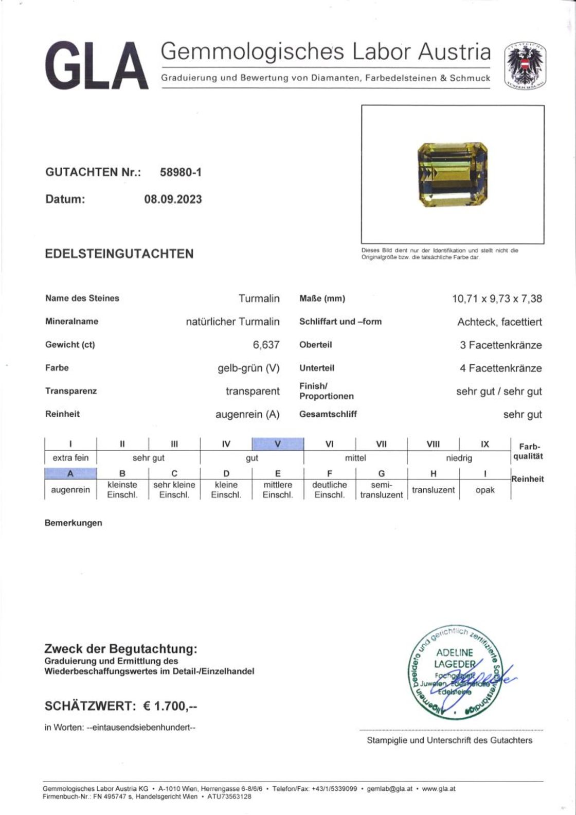 Turmalin Achteckschliff gelbgrün 6,637 ct