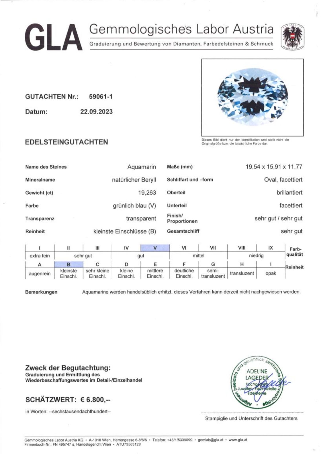 Gutachten zu Aquamarin oval hellblau 19,26 ct