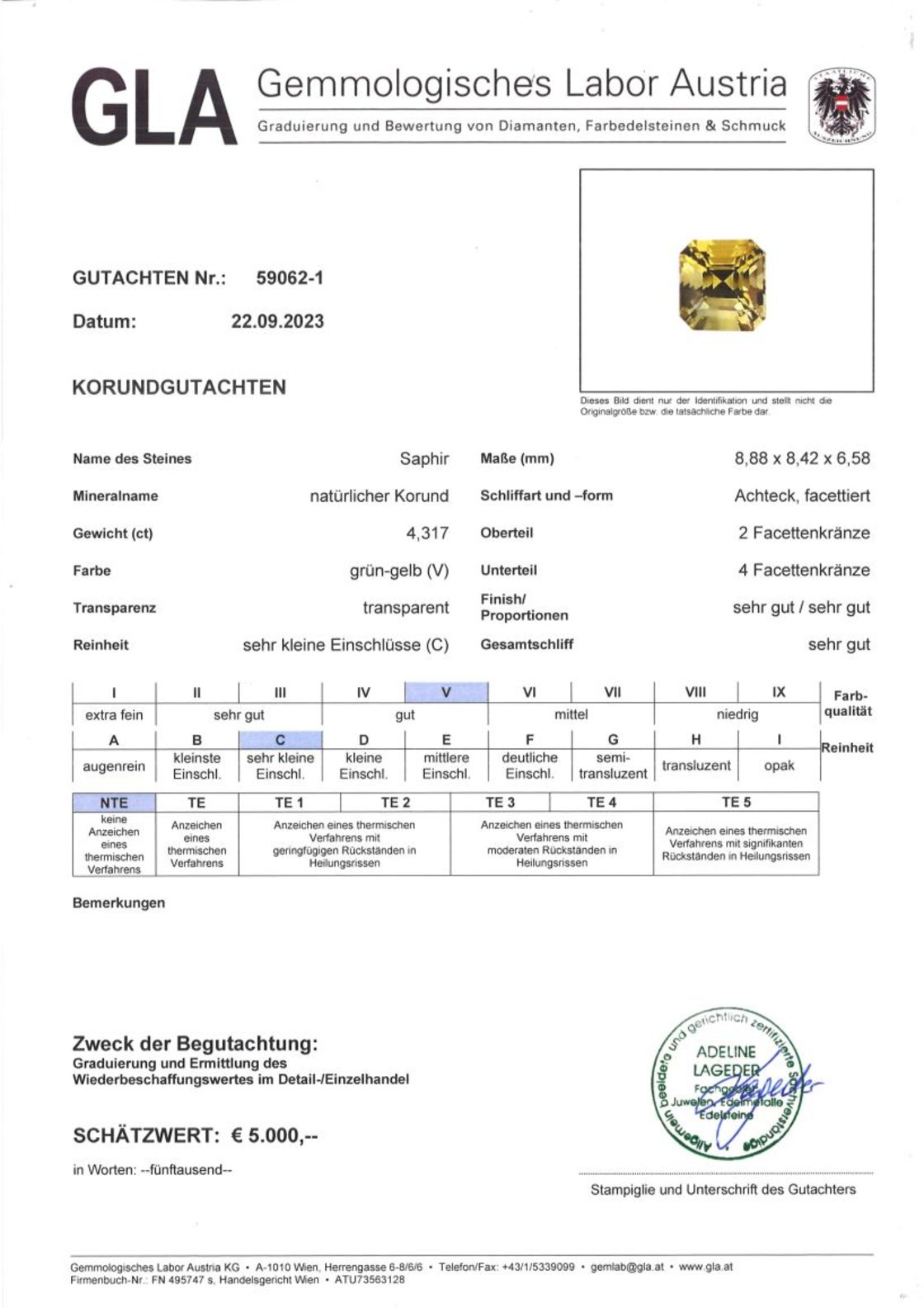 Gutachten zu Saphir octagon gelbgrün ungebrannt 4,31 ct