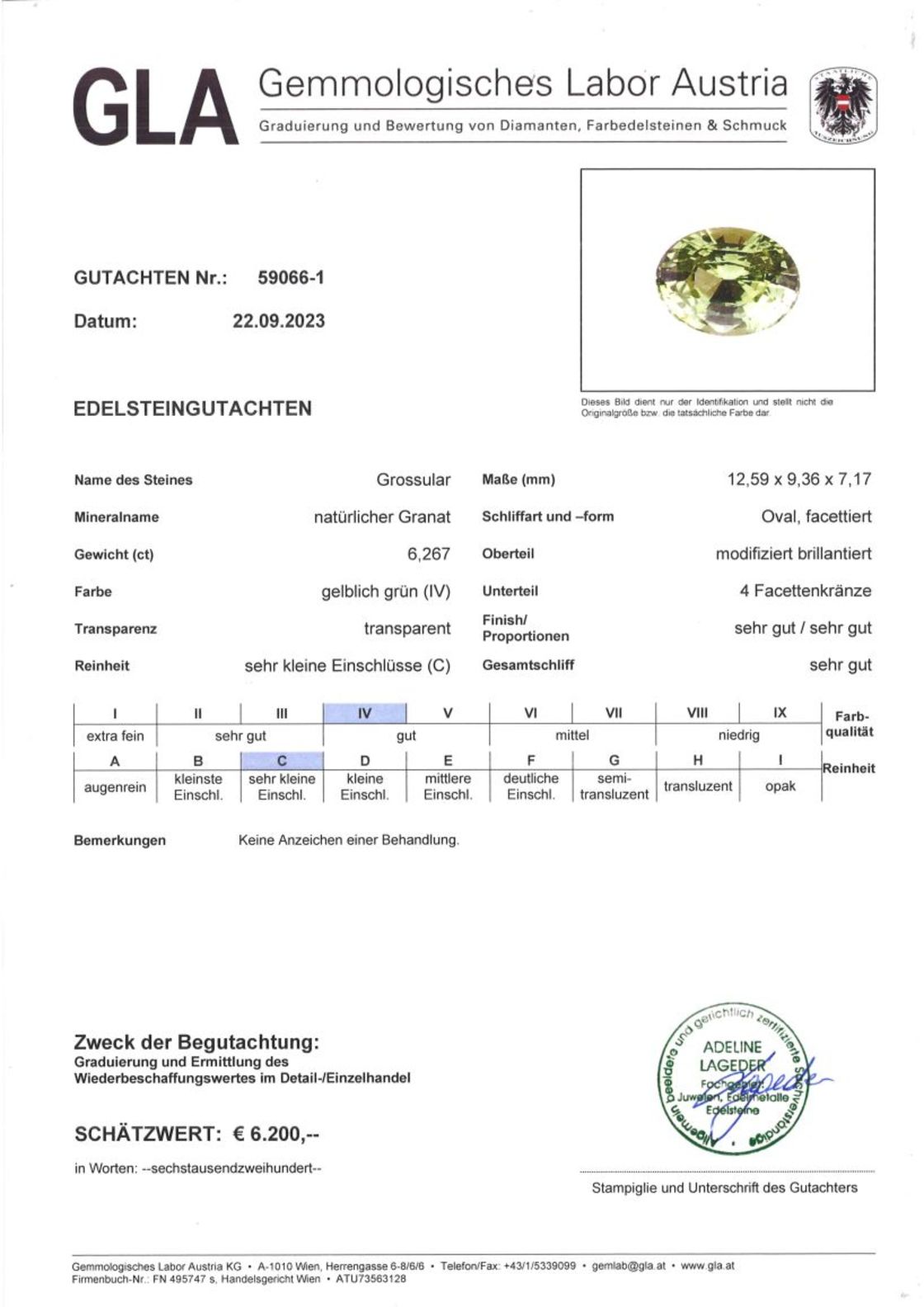 Grossular Granat Ovalschliff gelblich grün 6,267 ct