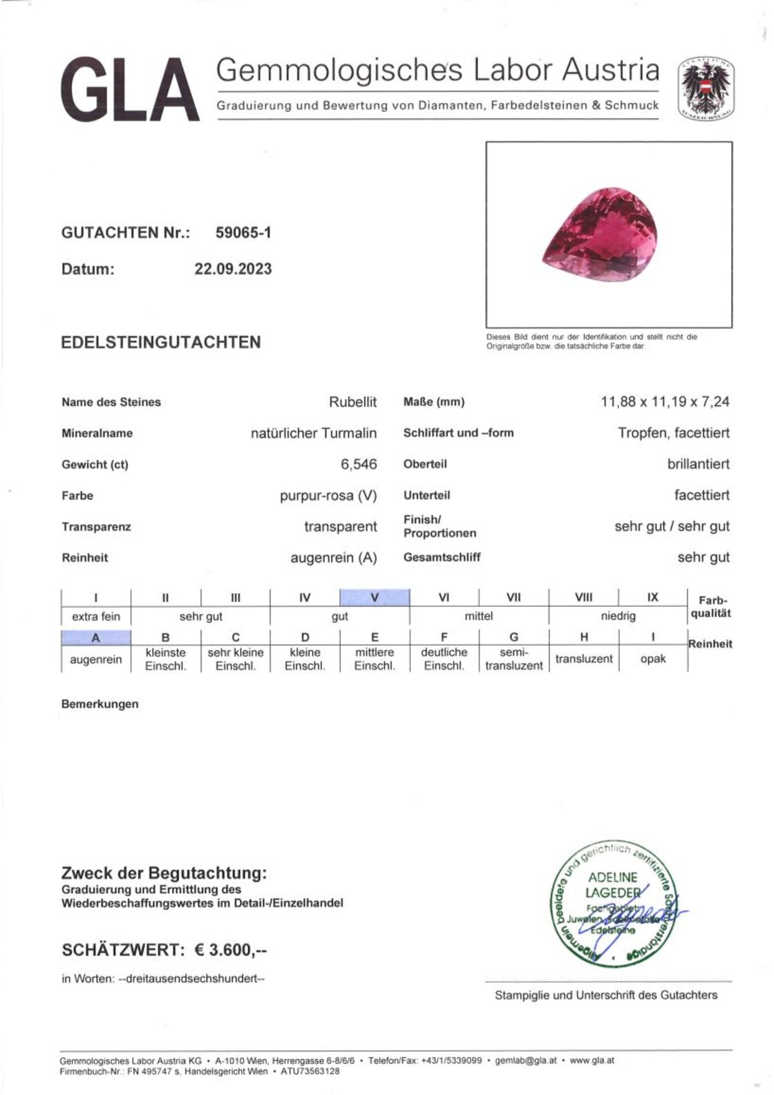Gutachten zu Rubellit Turmalin Tropfen purpur-rosa 6,54 ct