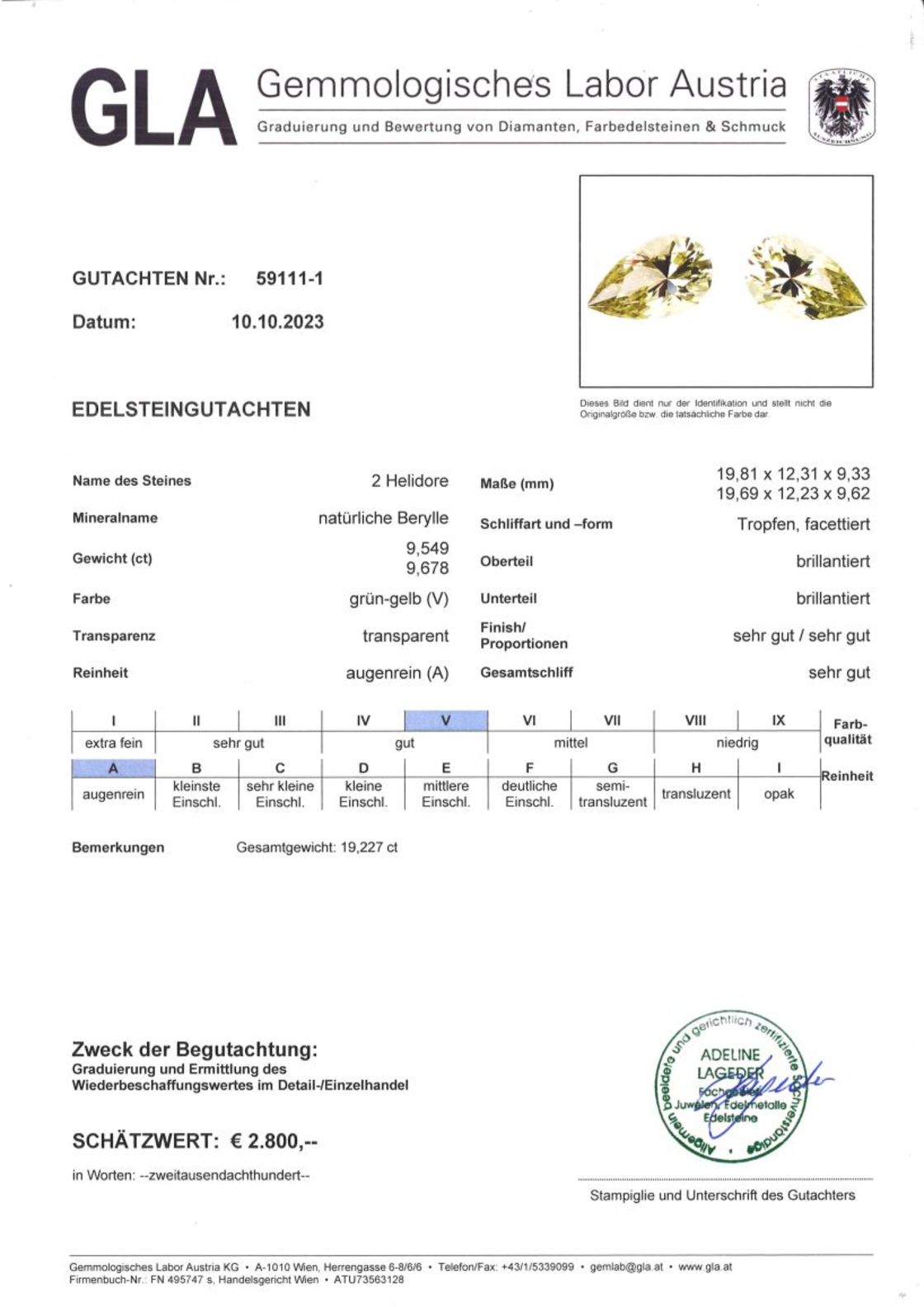 Edelberyll Heliodor Duo Tropfenschliffe grünlich gelb 19,227 ct