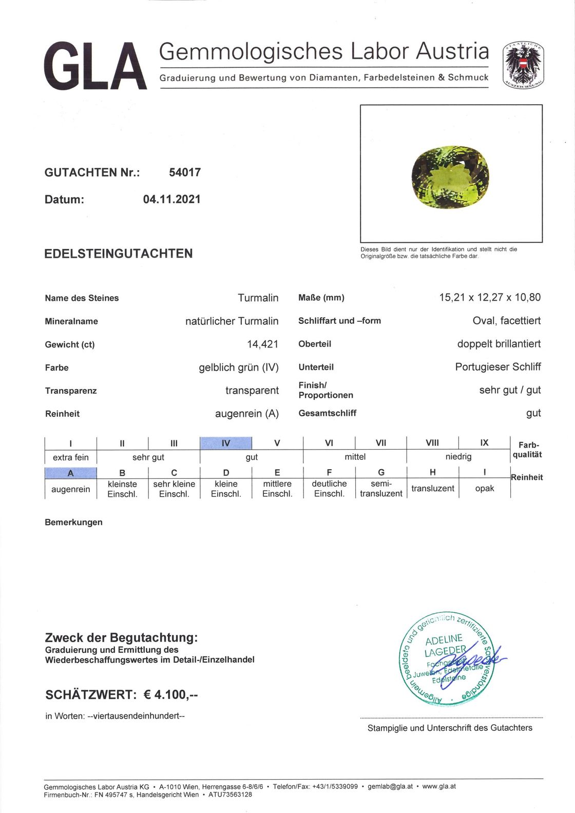 Turmalin Ovalschliff gelblich grün 14,421 ct