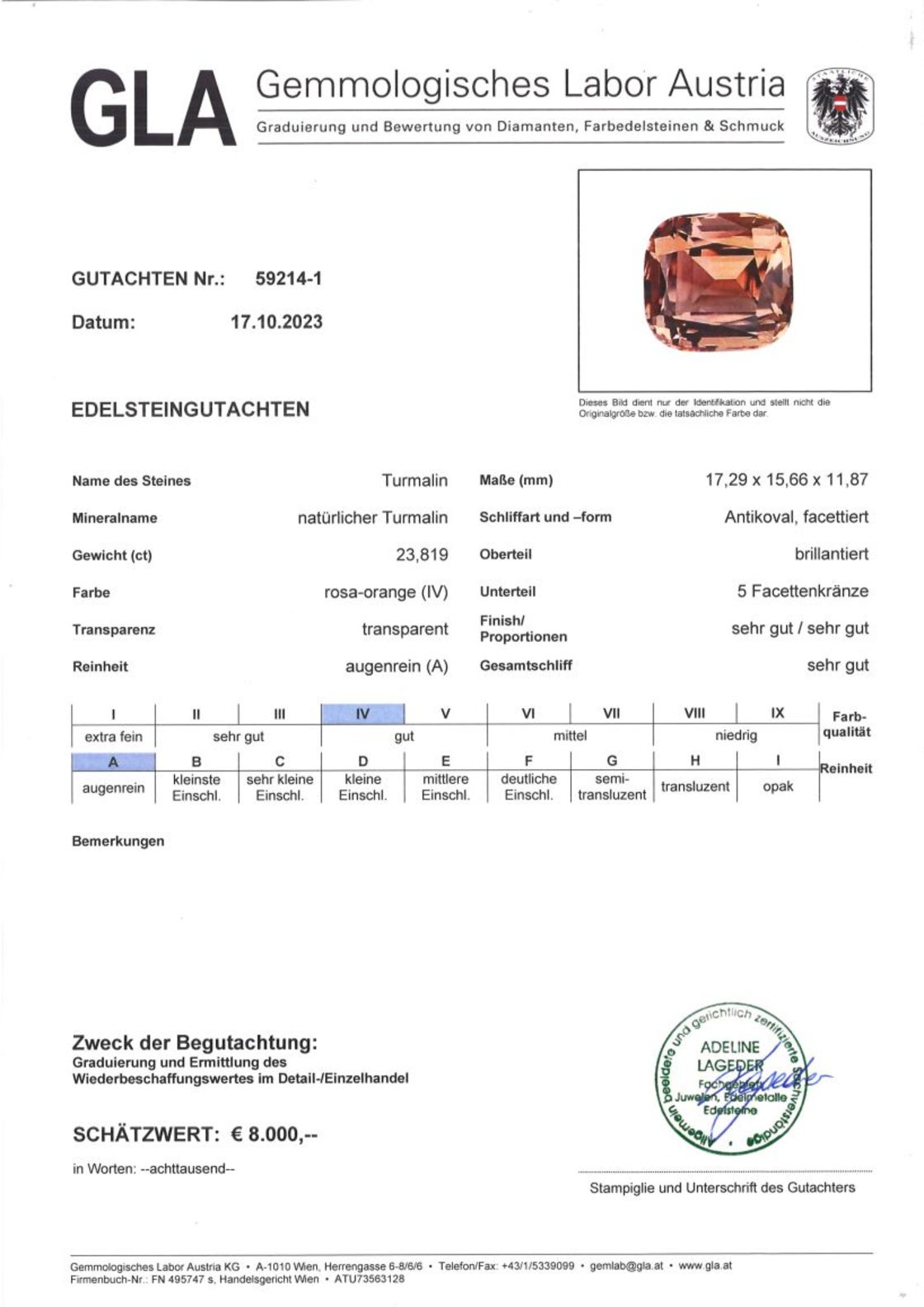 Turmalin Antikschliff rosaorange 23,819 ct