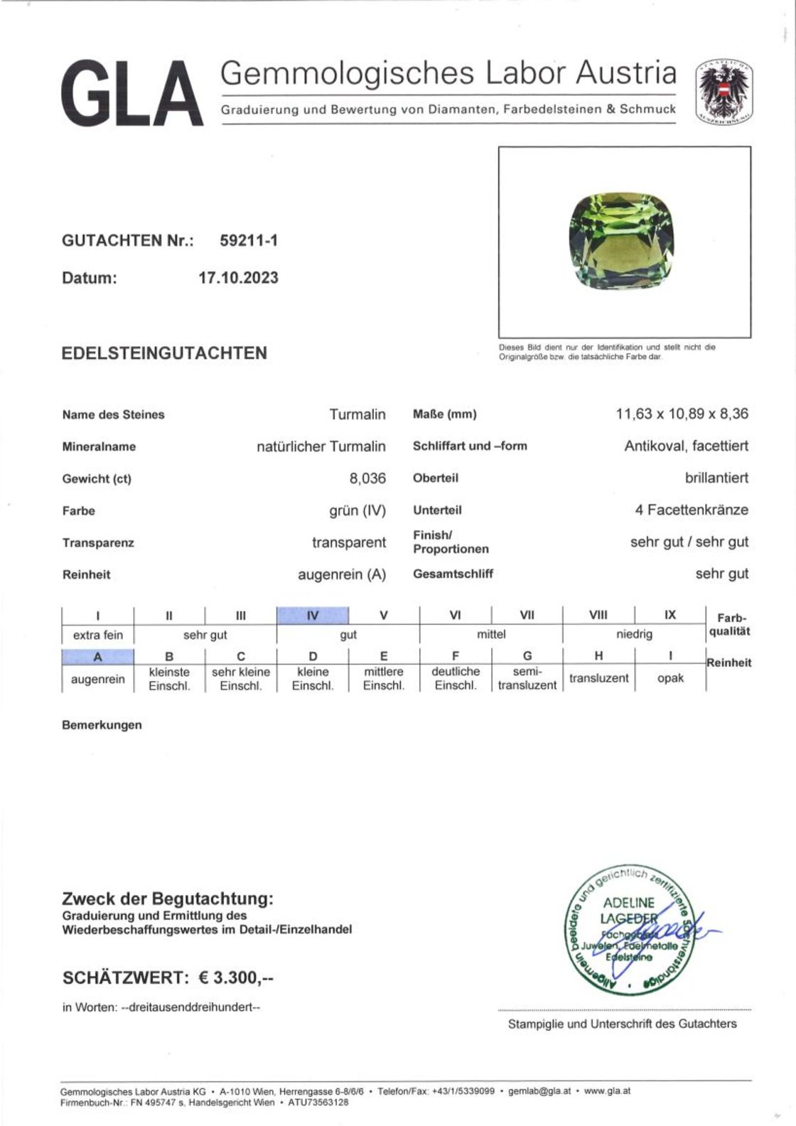 Gutachten zu Verdelith Turmalin antik grün 8,03 ct