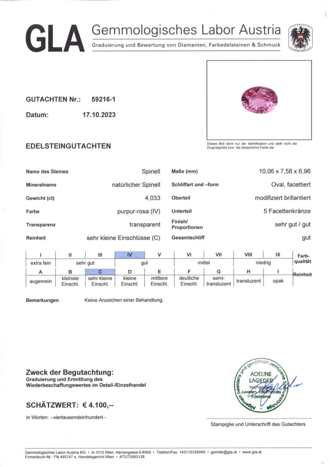 Spinell Ovalschliff purpur-rosa 4,033 ct